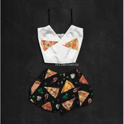 Шелковая женская пижама с принтом Пицца оптом